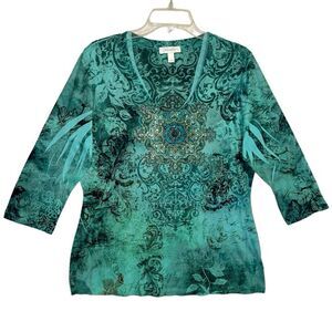 Dress Barn green Paisley 3/4 Sleeve L Top Embellishments via- neck lightweight